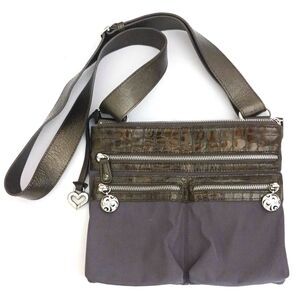 Brighton Go Go Crossbody Bag Gray Nylon Olive Moc Croc Leather Trim Silver Charm